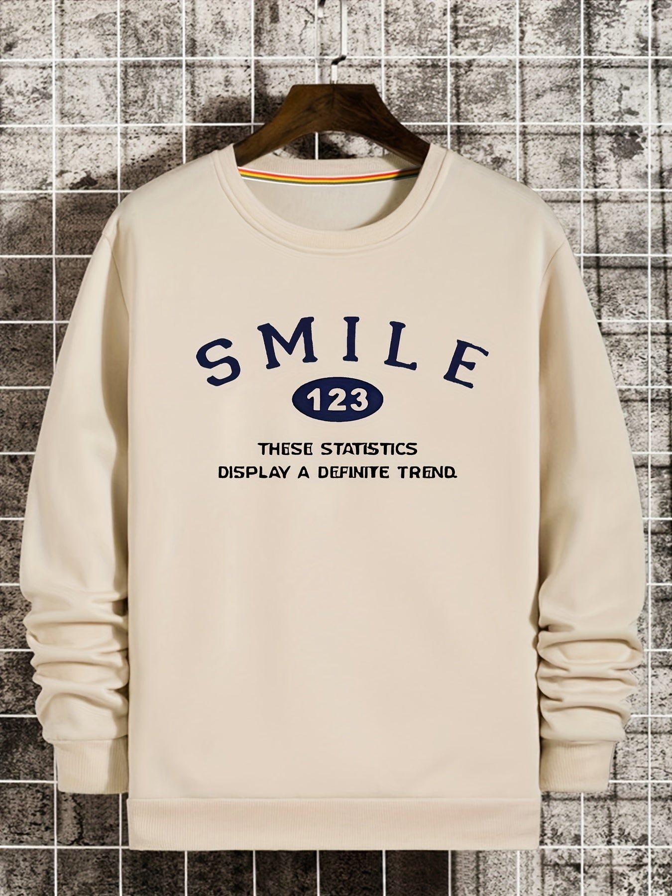 SMILE Print Sweatshirt Men's Casual Graphic Crew Neck Pullover Sweatshirt