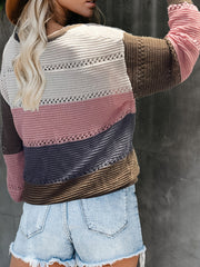 Block Eyelet Pullover V Neck Sweater Long Sleeve
