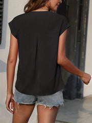 V Neck Cap Sleeve Top Button Front Solid