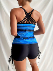 Striped Tankini Set Criss Cross Strap Boxer Short Swimsuit