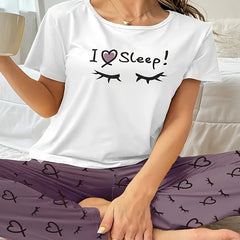 Eyelash & Heart Print Tee & Pants Pajama Set