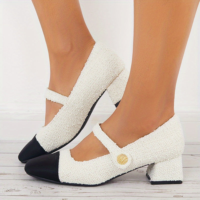 Women's Tweed Low Heel Mary Jane Colorblock Chunky Heels