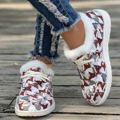 Women's Santa Print Snow Boots Christmas Style Lace-up Flats