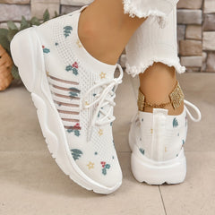 Christmas Print Knitted Lace Up Sports Shoes Breathable Low Top Sneakers