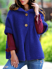 Solid Short Sleeve Hooded Sweater with Buttons