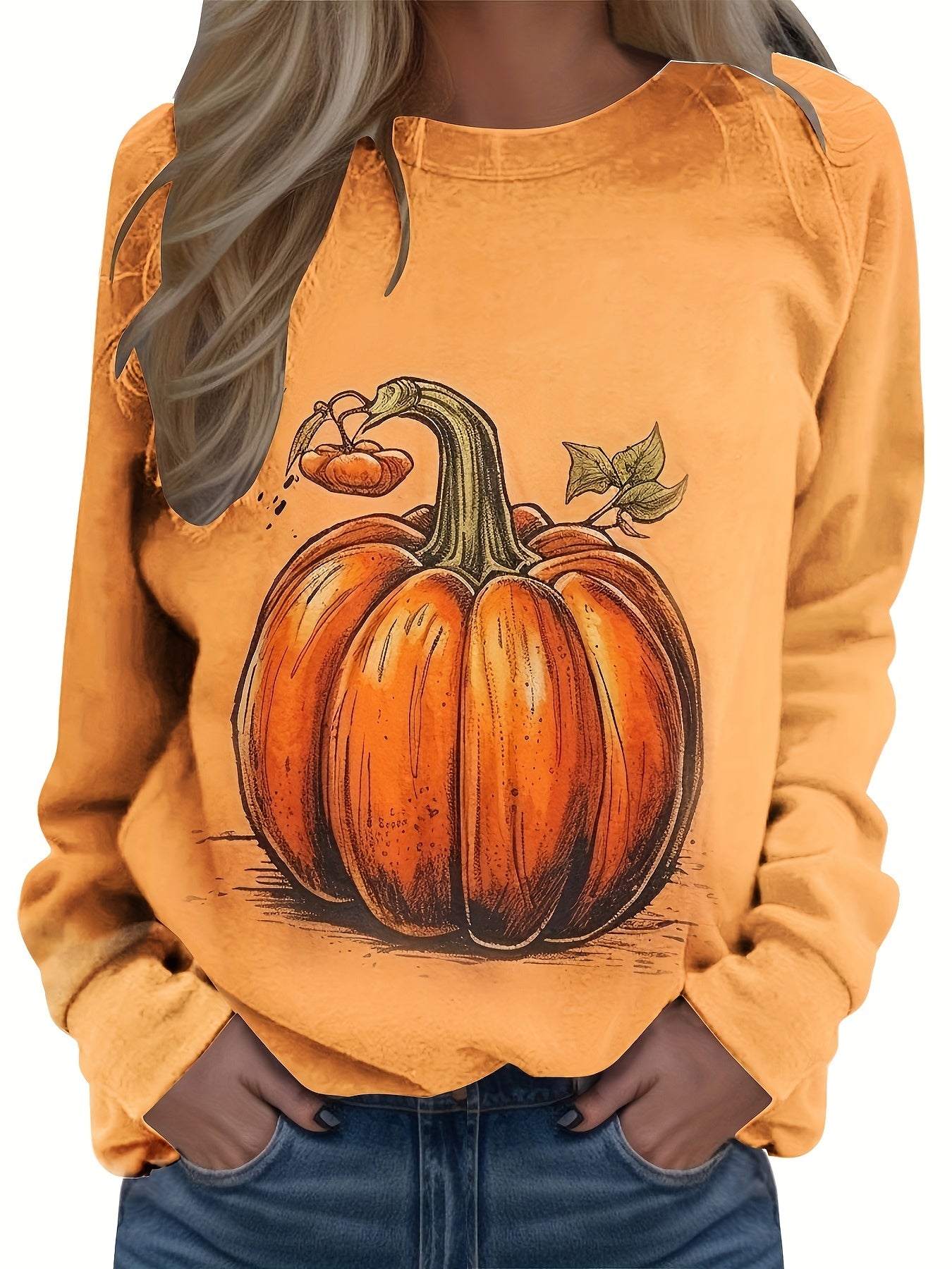 Halloween Pumpkin Printed Sweatshirt Round Neck Casual Pullover