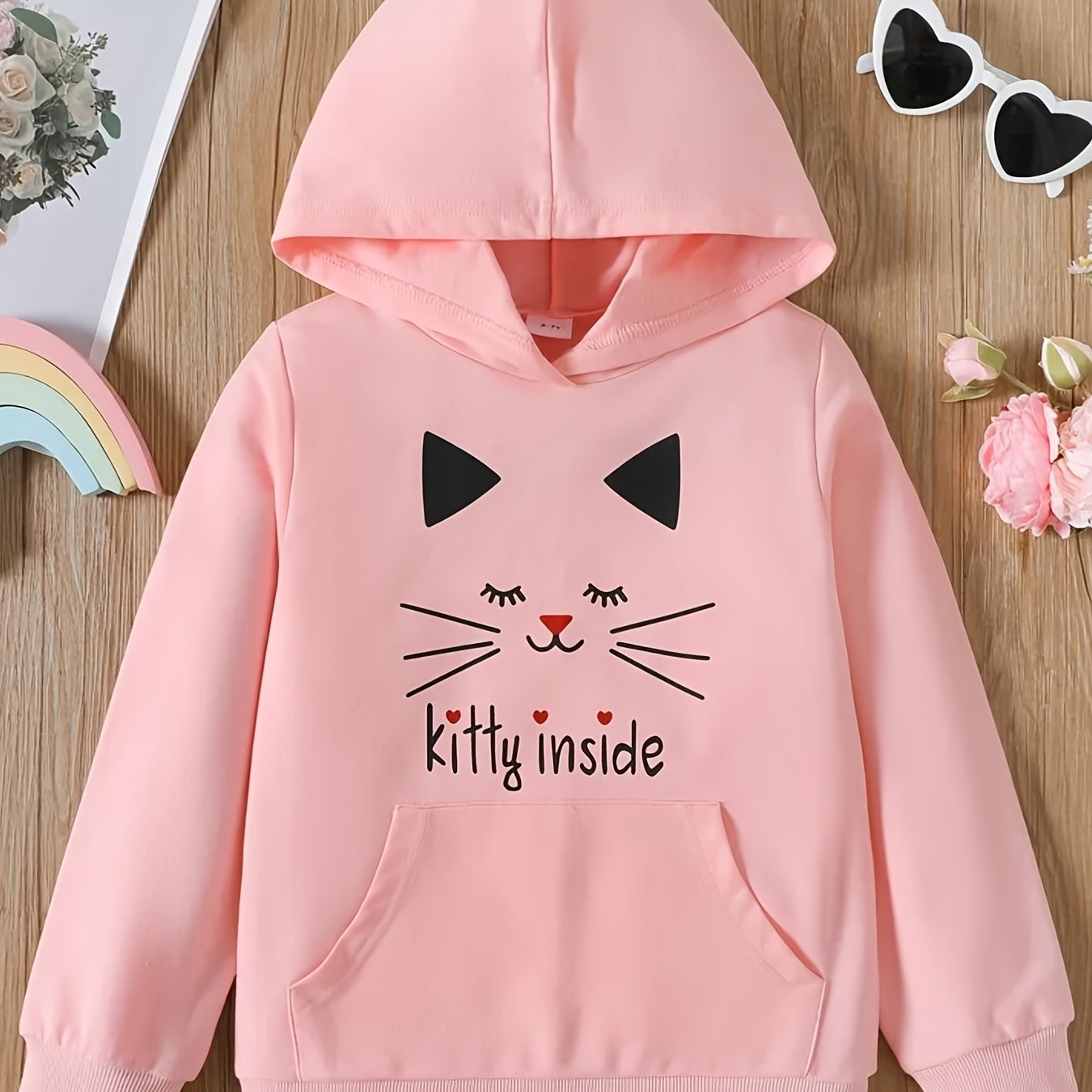 Girls Cat Graphic Hoodie Sports Pocket Sweatshirt Top Spring Clothes