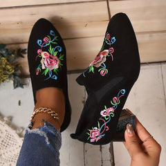 Floral Embroidered Slip On Chunky Heel Shoes