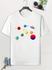 Men's Cartoon Planet Print T-shirt Active Breathable Tee