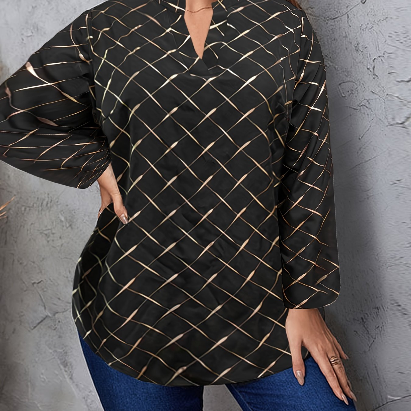 Golden Argyle Print Lantern Sleeve Loose Fit Shirt Top