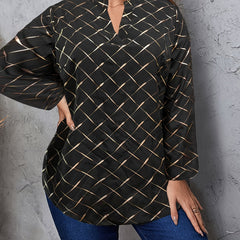 Golden Argyle Print Lantern Sleeve Loose Fit Shirt Top
