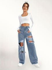 Distressed High Rise Wide Leg Jeans Loose Fit