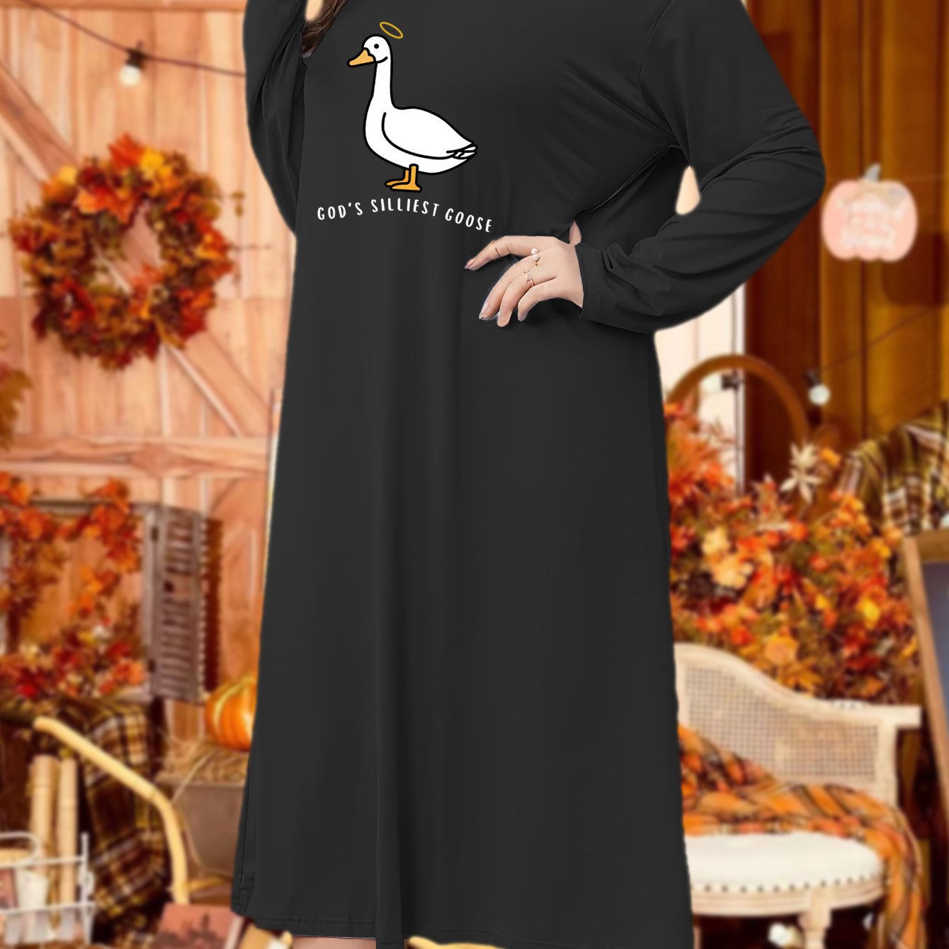 Plus Size Lounge Dress Women's Plus Goose & Letter Print Long Sleeve