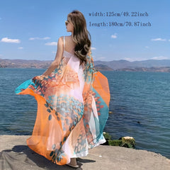 Leaf Print Scarf Orange Gauze Shawl Large Wrap