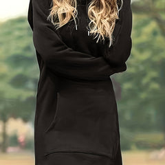 Solid Hooded Mini Sweatshirt Dress With Pockets
