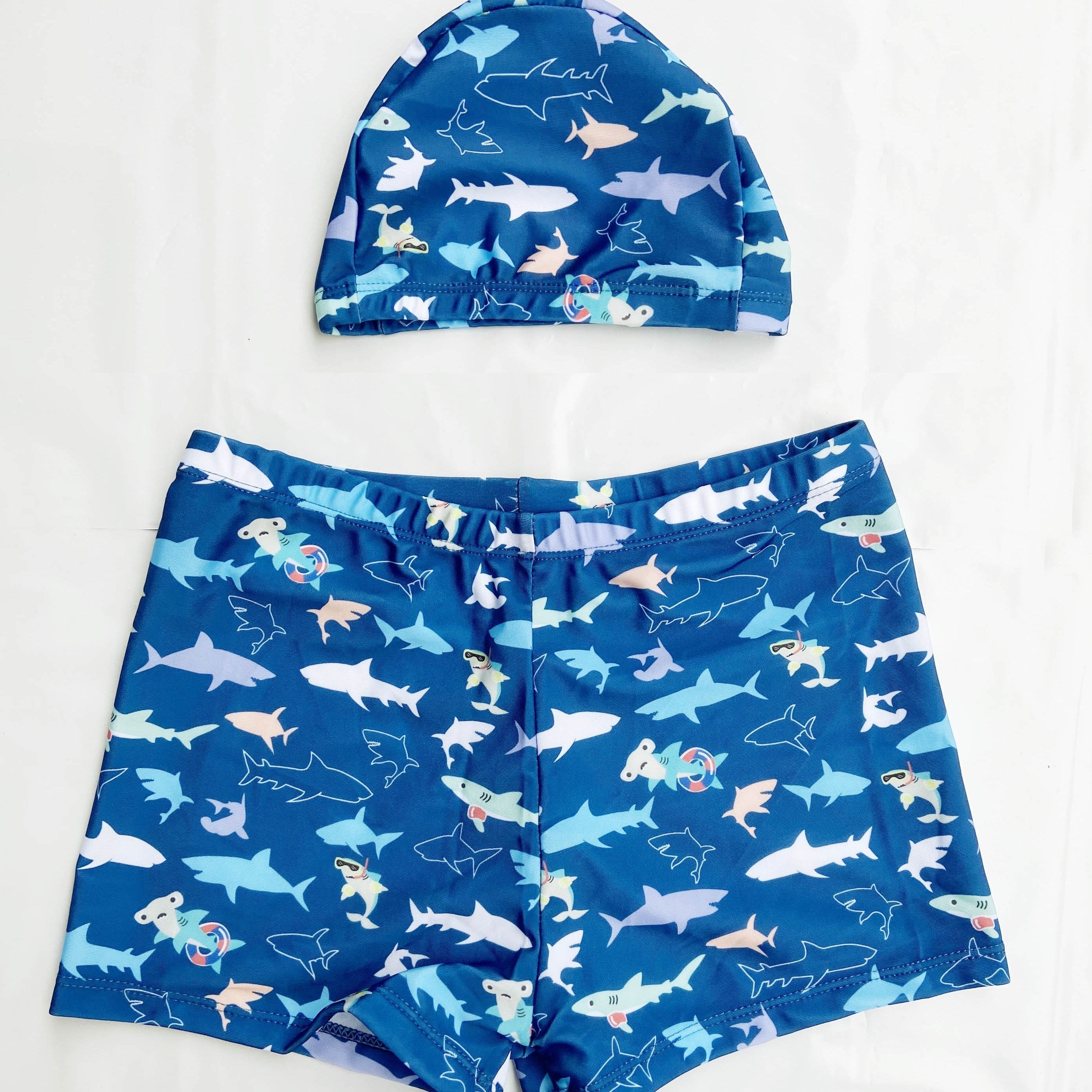 Boys Shark Print Swim Trunks & Cap Set for Beach Vacation