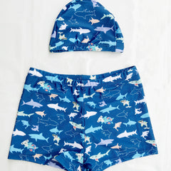 Boys Shark Print Swim Trunks & Cap Set for Beach Vacation