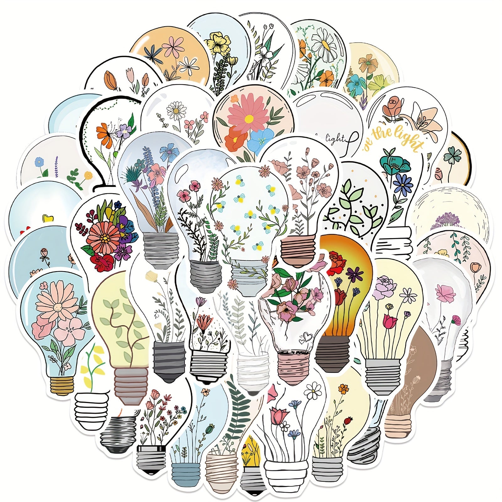 50 Cartoon Light Bulbs Flowers Graffiti Stickers DIY Waterproof Stickers