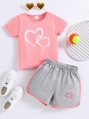 2pcs Baby Girls Heart Print T shirt & Shorts Set Baby Summer Clothes