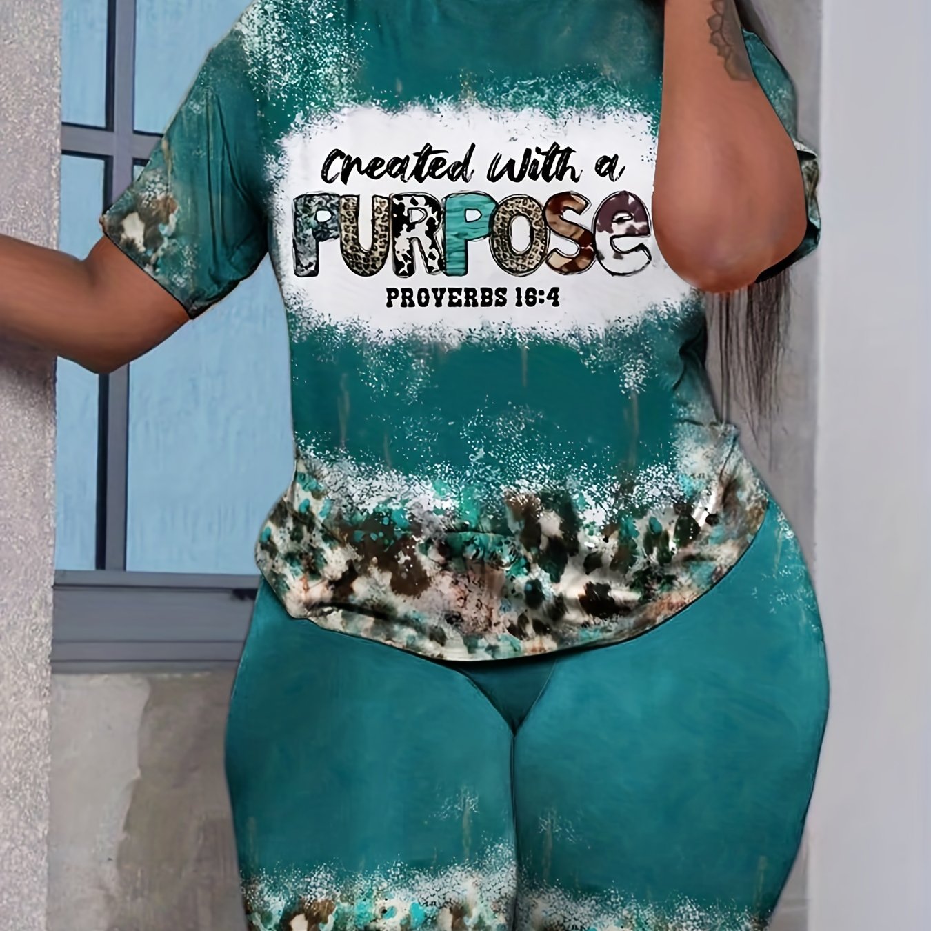 Leopard Print Two piece Set Short Sleeve T shirt & High Waist Shorts