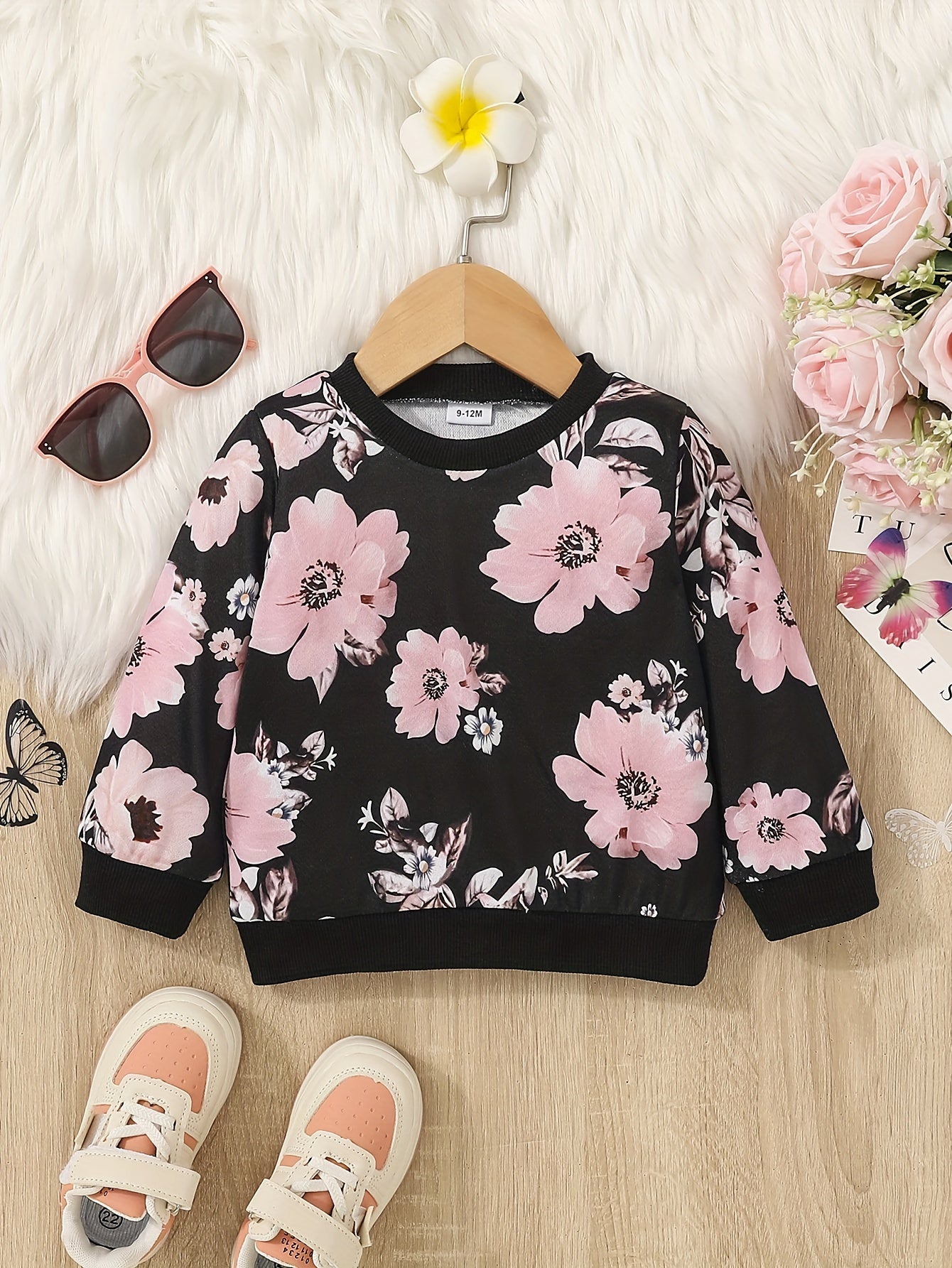 Baby Girls Autumn Floral Ribbed Neck Tops Long Sleeve Blouse Sweatshirt