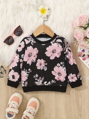 Baby Girls Autumn Floral Ribbed Neck Tops Long Sleeve Blouse Sweatshirt
