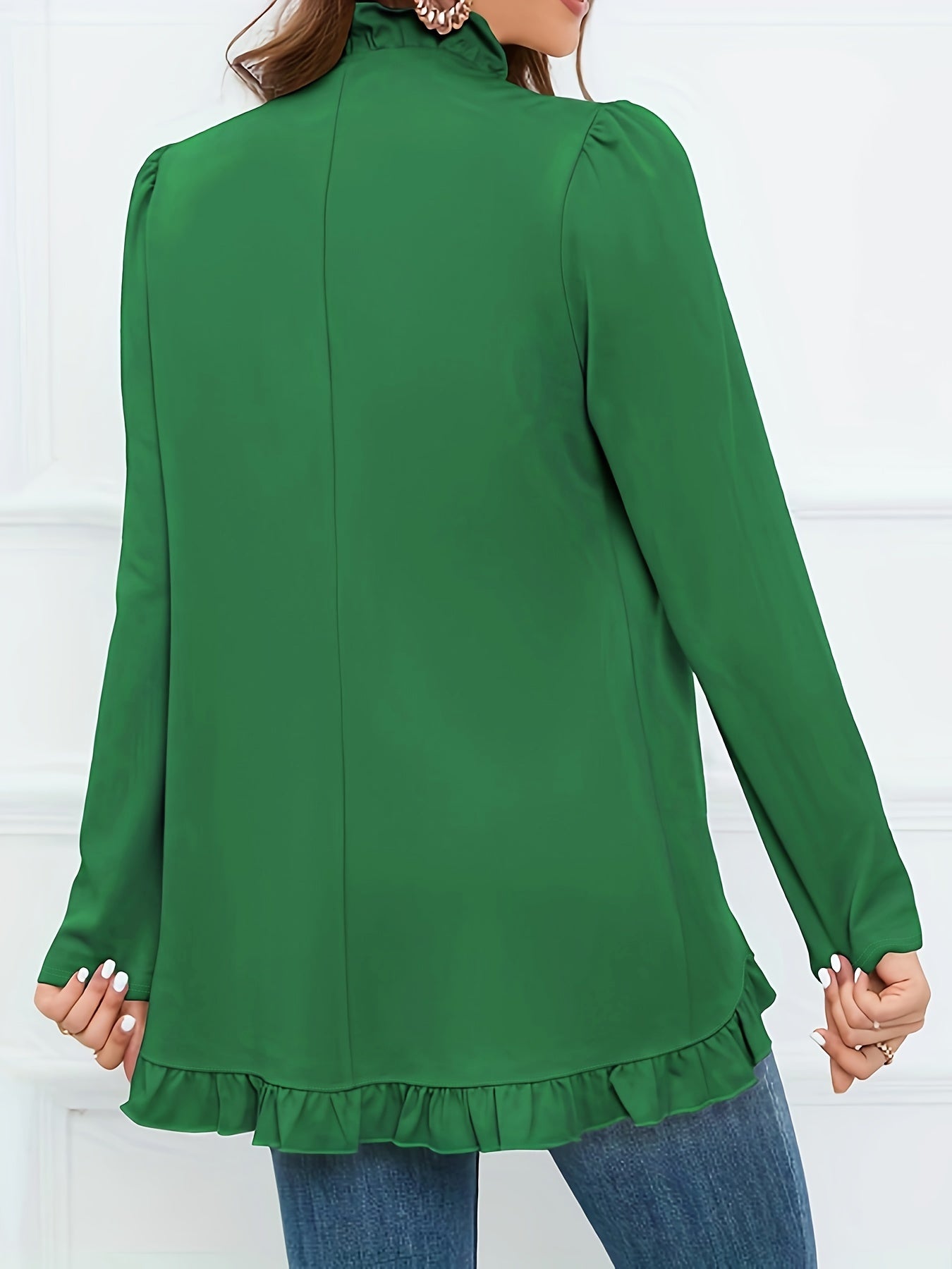 Casual Cardigan Women's Plus Solid Long Sleeve Open Front Ruffle Trim