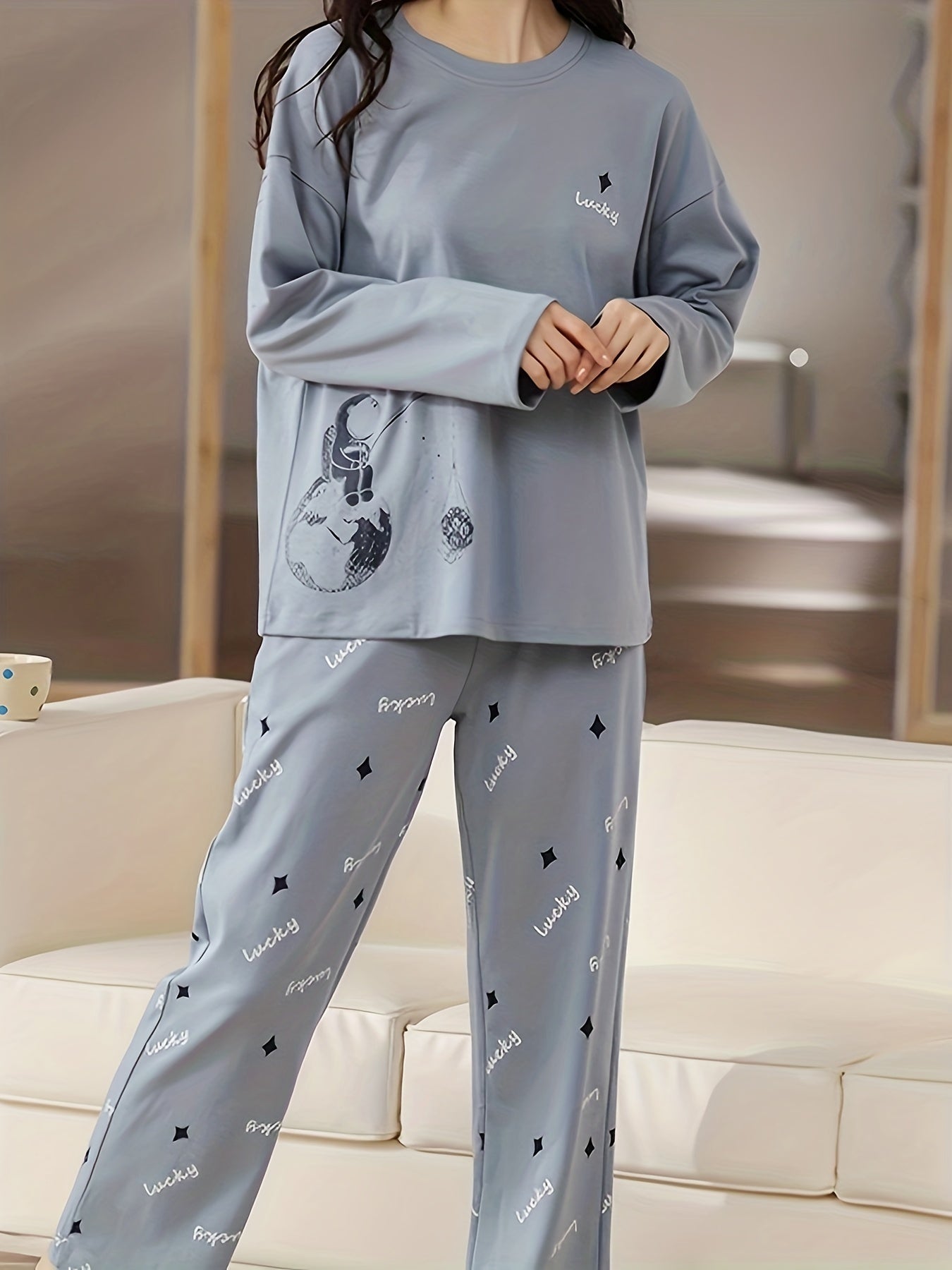 Letter Print Pajama Set Long Sleeve Top & Pants