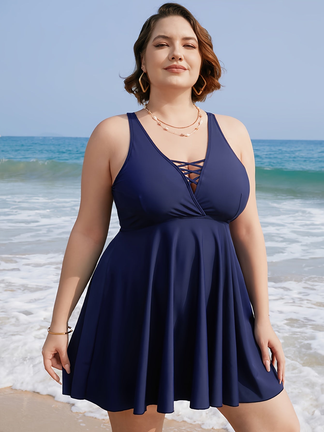 Solid V Neck Cami Dress & Panty Swimsuit Set