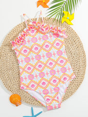 Geometric Floral Print Ruffle Girls Swimsuit Halter Neck