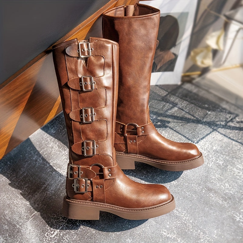 Women's Retro Knee High Buckle Strap Chunky Heeled Boots