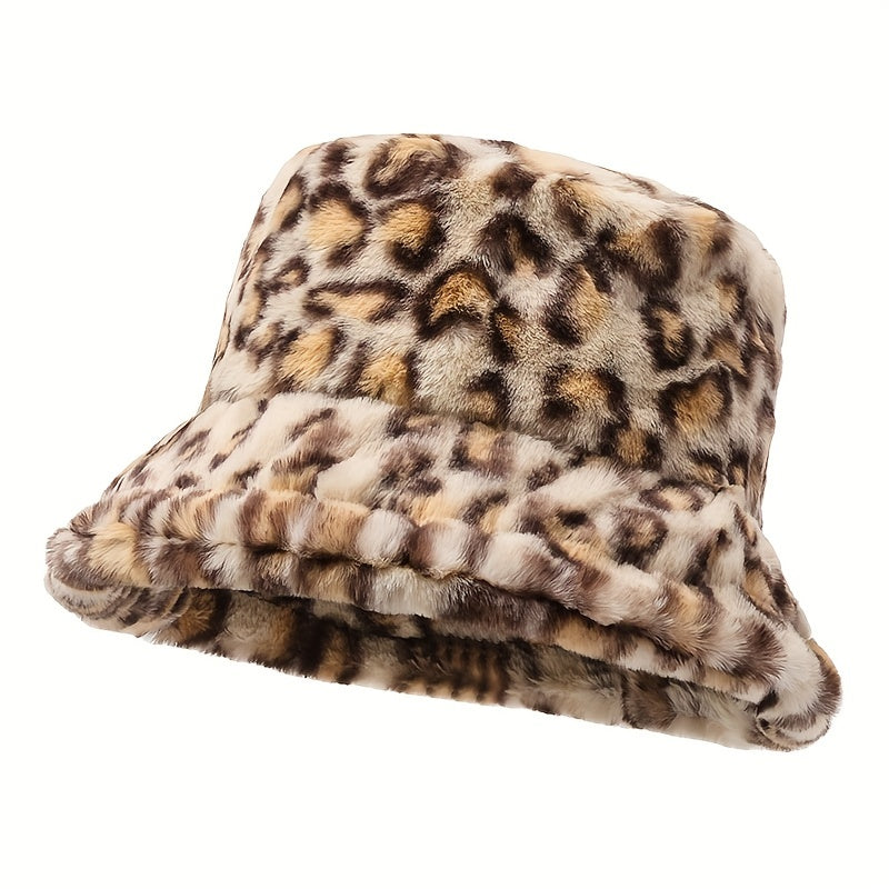 Leopard Print Plush Bucket Hat for Women