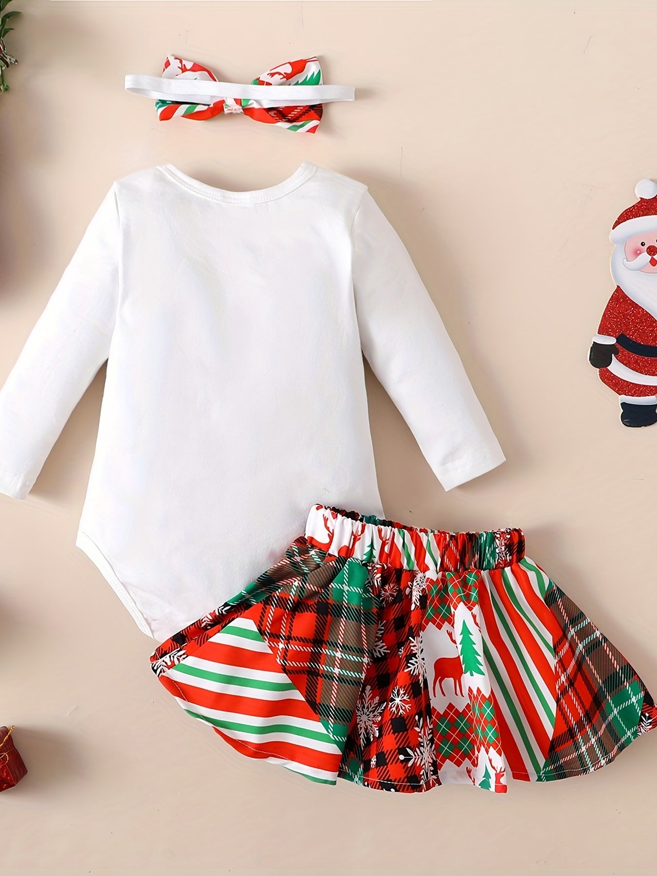 Baby Girls Christmas Romper Set Long Sleeve Letter Graphic Jumpsuit & Short Skir