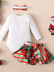 Baby Girls Christmas Romper Set Long Sleeve Letter Graphic Jumpsuit & Short Skir