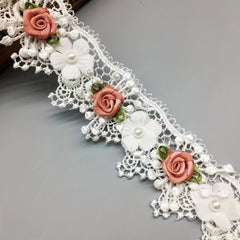Vintage Faux Pearl Rose Flowers Embroidered Lace Trim Fabric