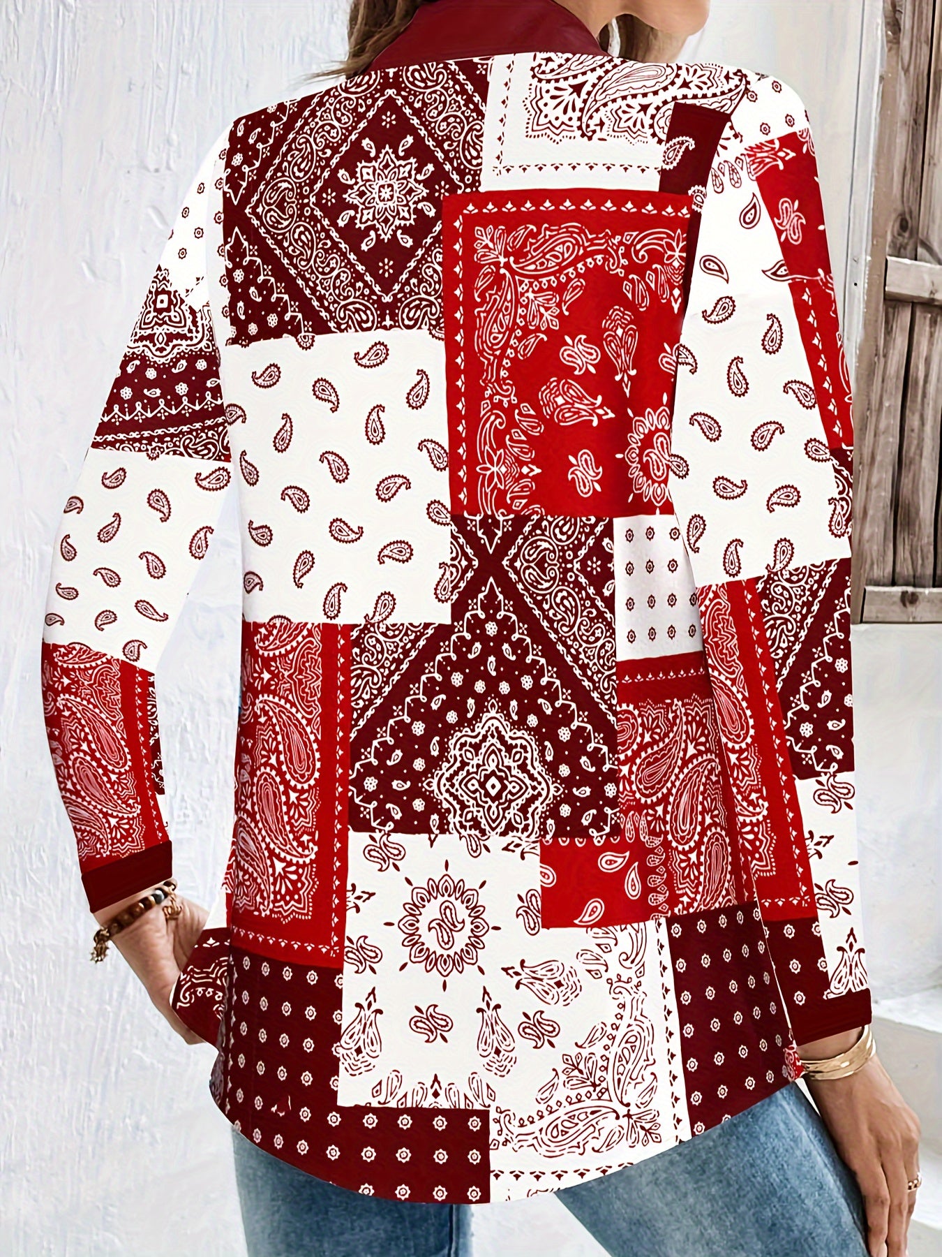 Women's Plus Paisley Print Long Sleeve Button Up Blouse