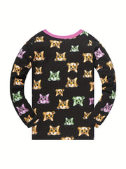 2pcs Toddler Girls Cat Graphic Pajama Set Long Sleeve Top & Pants