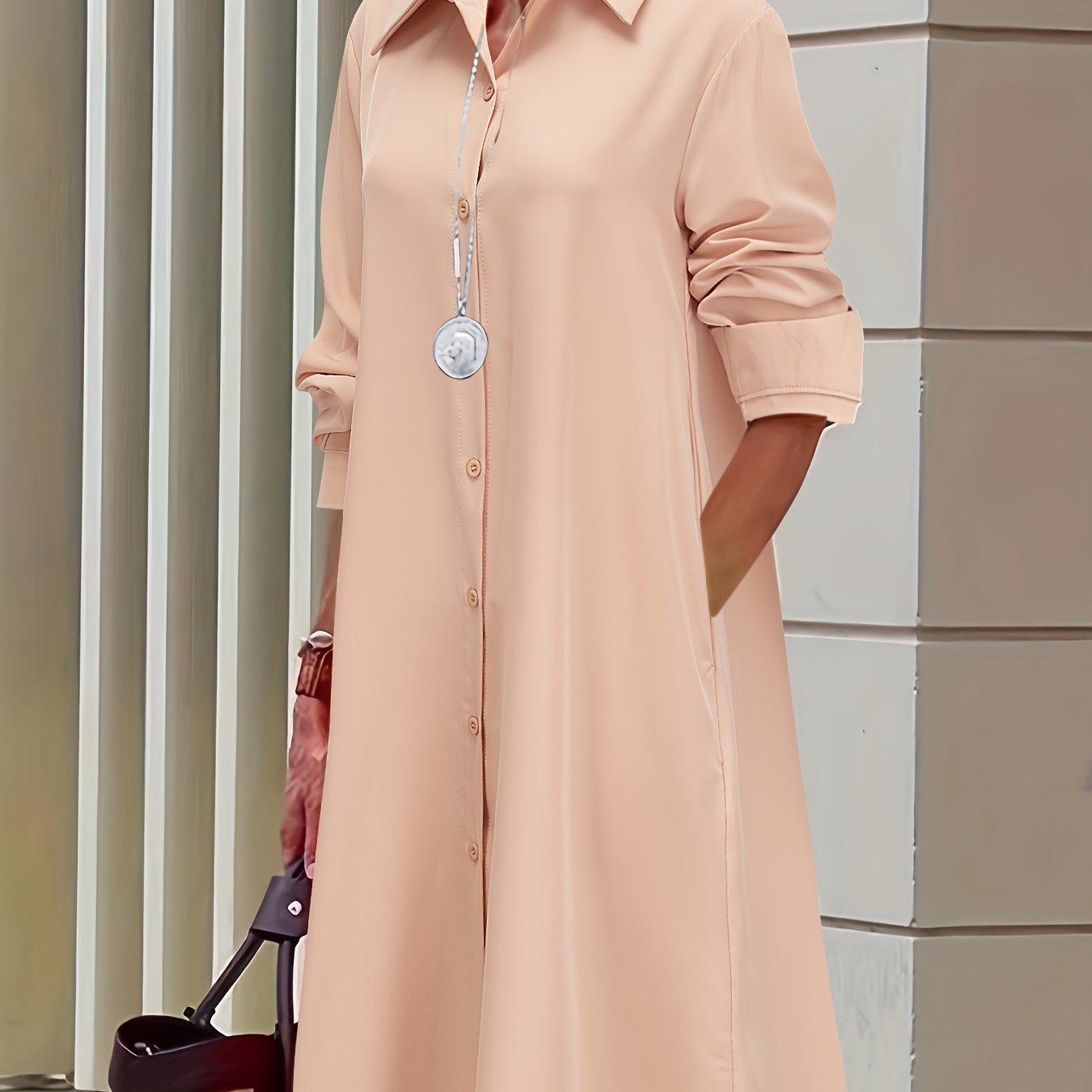 Plus Solid Button Up Long Sleeve Shirt Dress