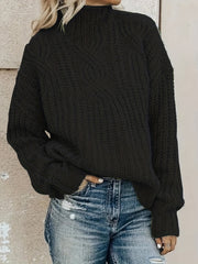Plaid Cable Knit Sweater Long Sleeve Turtle Neck Pullover