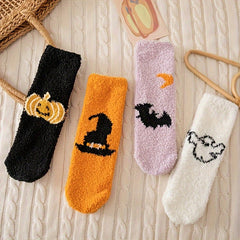 4 Pairs Pumpkin & Bat Print Halloween Fuzzy Socks Women's Stockings