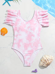 Girl's Tie Dye One piece Swimsuit Ruffle Sleeve Tankini Bathing Suit