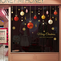 Christmas Wall Stickers for Shop Windows - Golden Pendants & Colorful Balls
