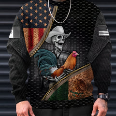 Mex Rooster Skeleton Print Men's Round Neck Sweatshirt Autumn Winter