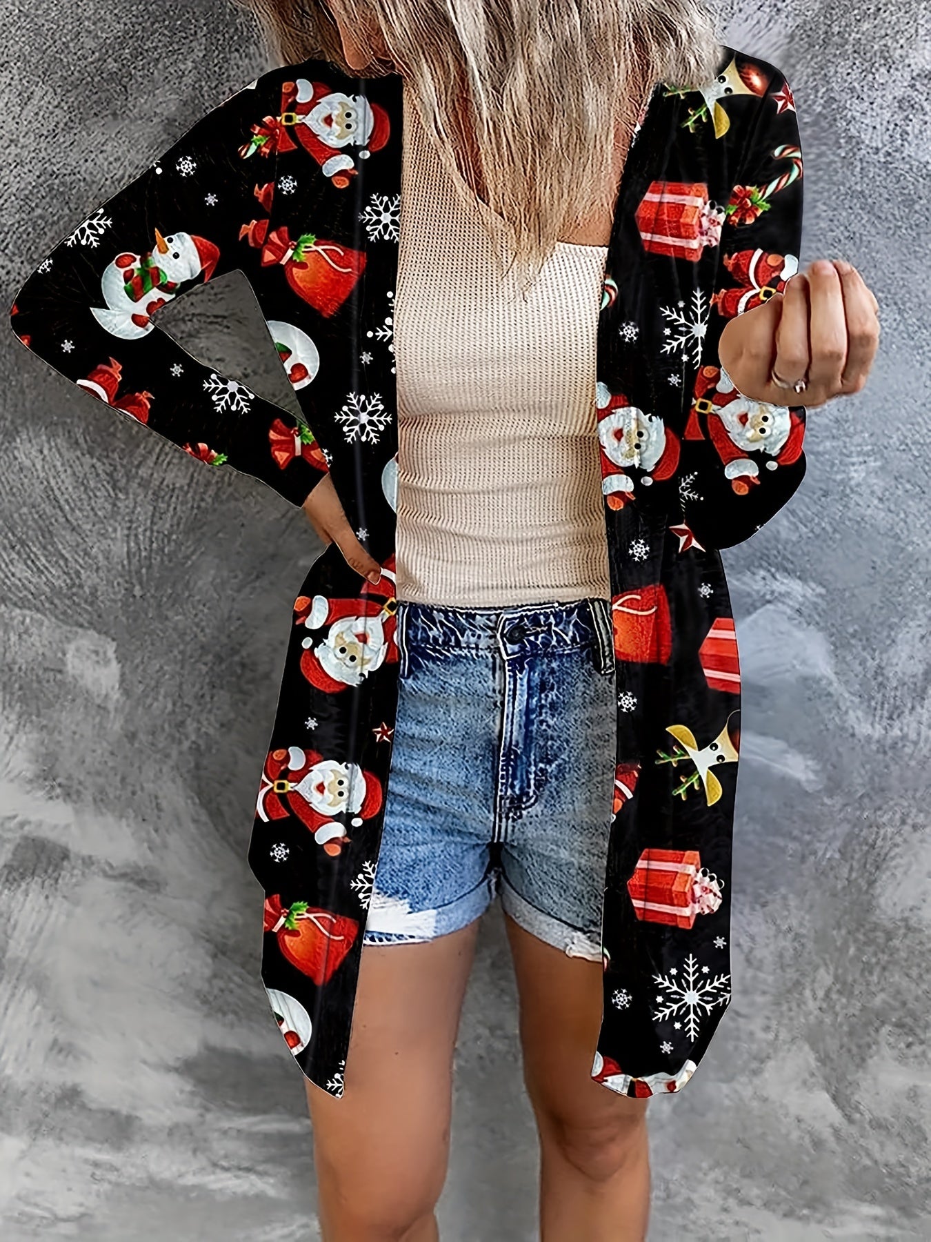 Christmas Print Long Sleeve Open Front Longline Cardigan