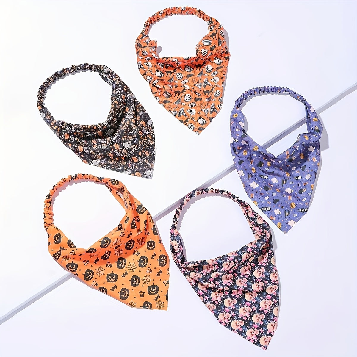 5pcs Halloween Head Scarf Pumpkin Skull Print Triangle Bandanas Hairband