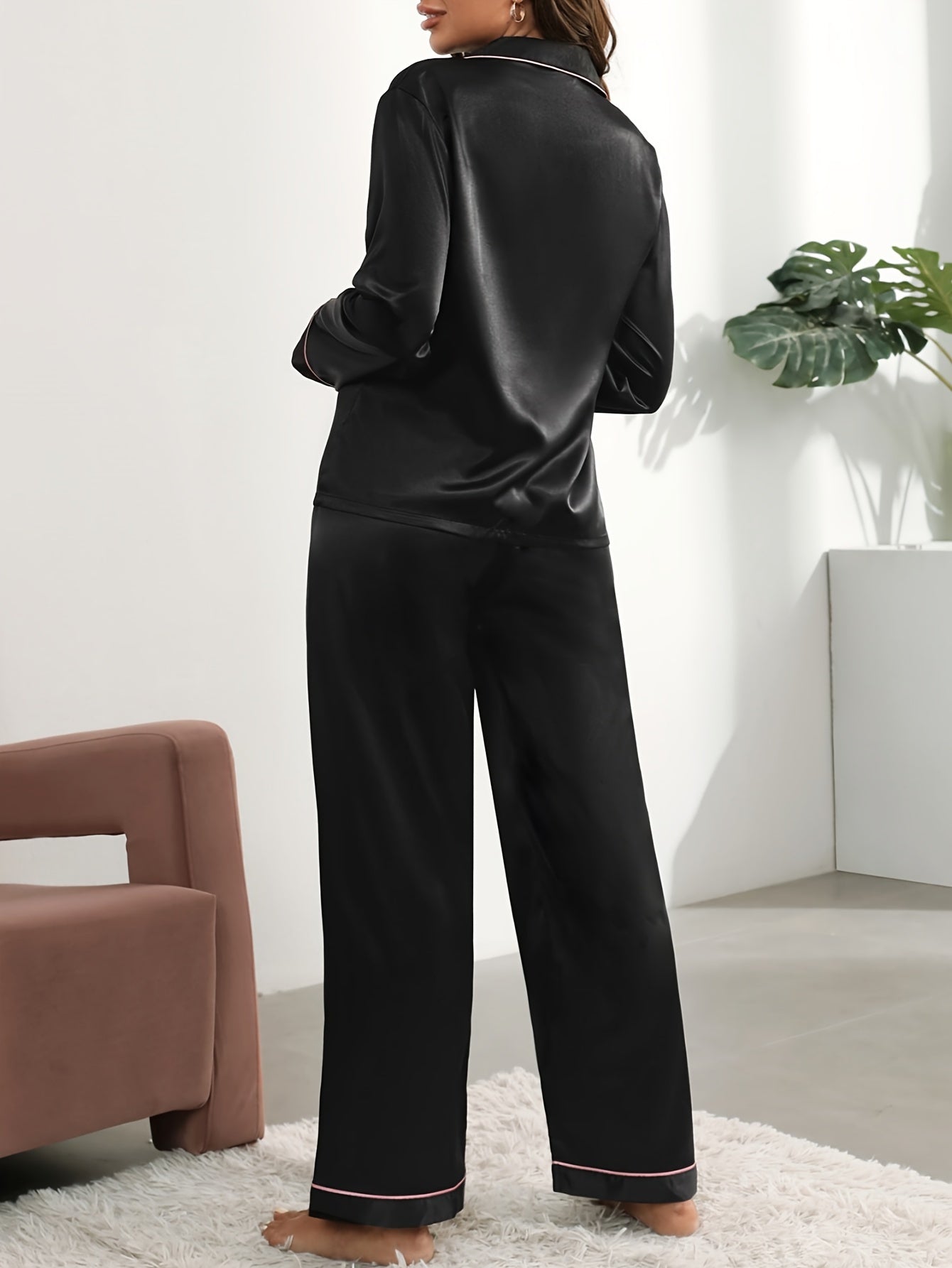 Colorblock Contrast Trim Pajama Set Long Sleeve & Pants