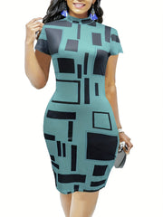 Geo Print Mock Neck Cap Sleeve Midi Dress