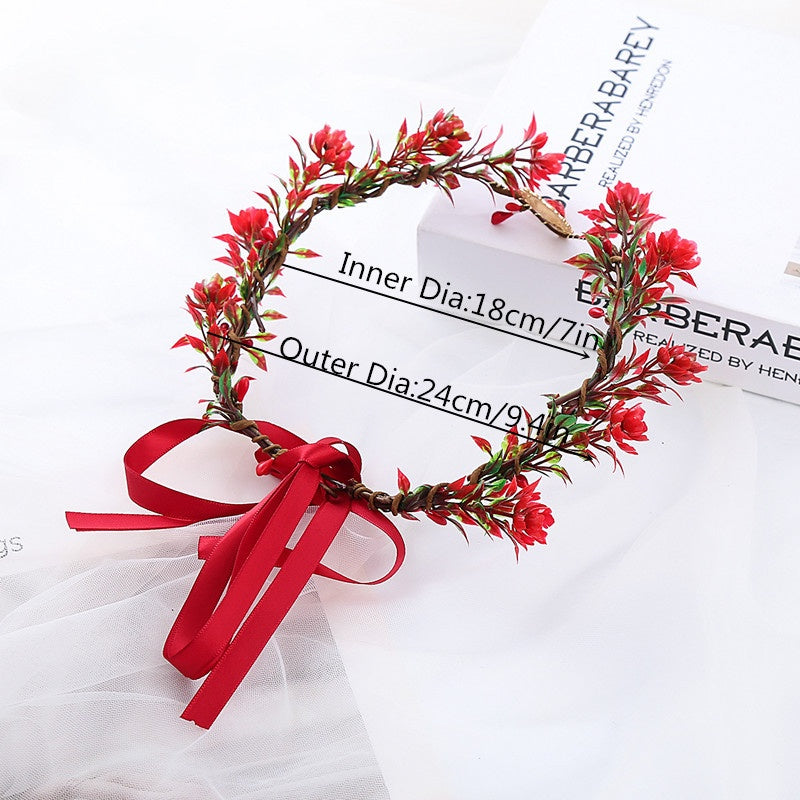 Girl's Red Rattan Eyebrow Heart Drop Wreath Headband Christmas Hair Hoop