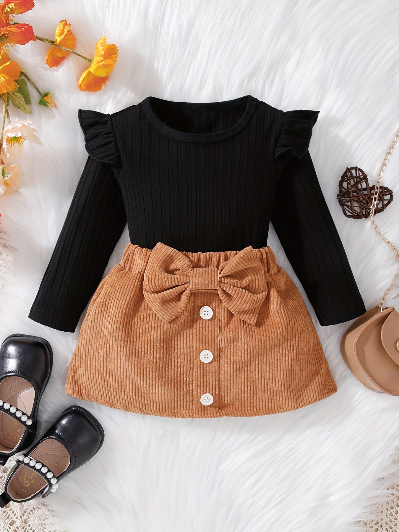 Baby Girl's Crew Neck Top & Elastic Khaki Skirt Set