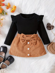 Baby Girl's Crew Neck Top & Elastic Khaki Skirt Set